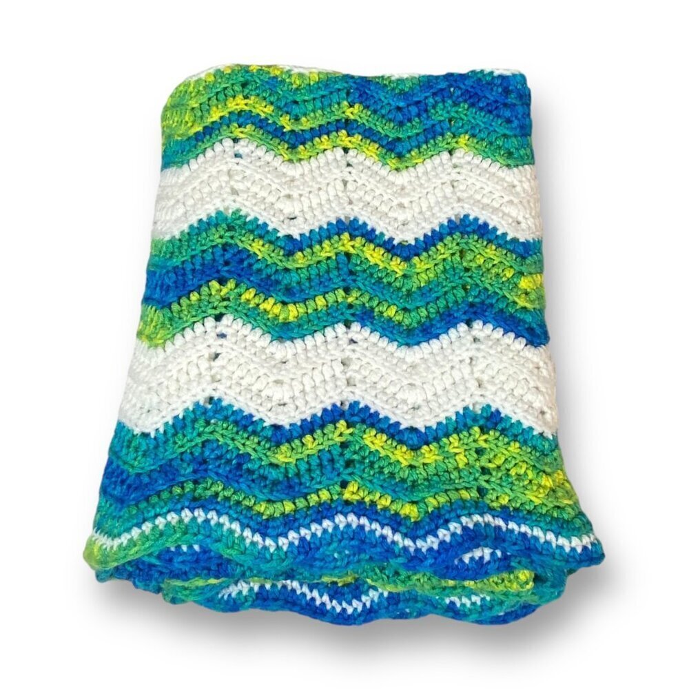 Handmade Vintage Ripple Baby Crochet Blanket Chevron 48x62 Blue Green White